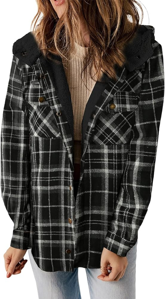 Dokotoo Womens Plaid Shacket Jacket Long Sleeve Button Down Fleece Hooded Jackets Warm Coat | Amazon (US)