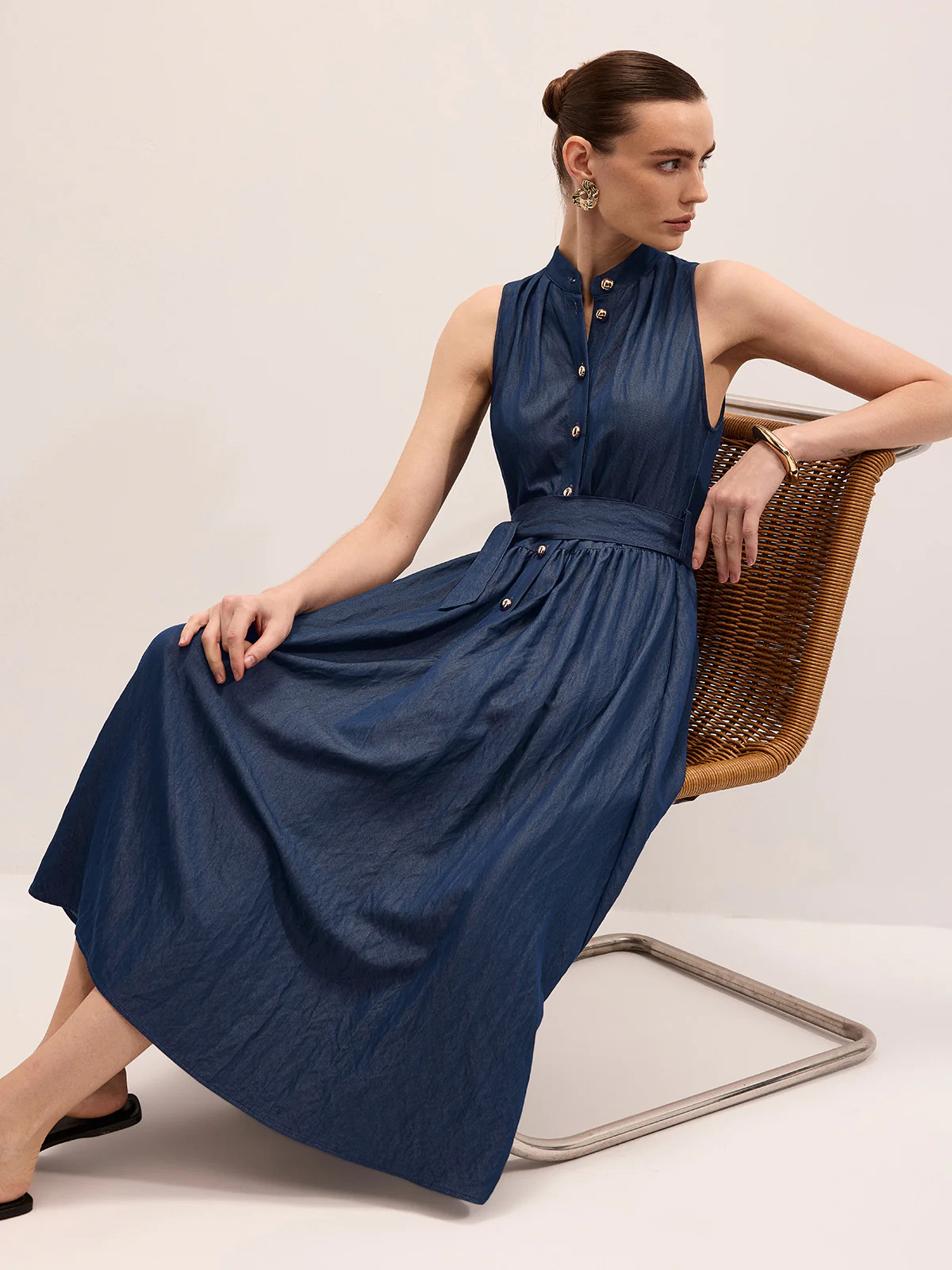 Cotton Blend Sleeveless Belted Maxi Dress | Commense