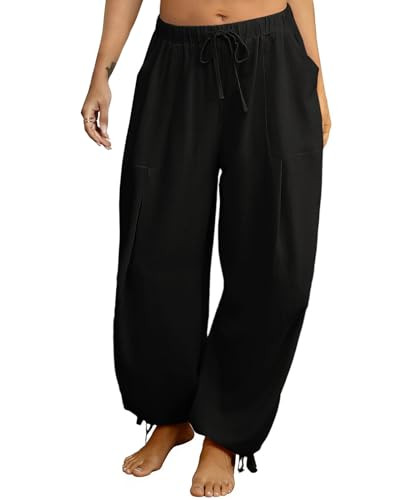 Women's Linen Balloon Barrel Beach Pants Boho Harem Flowy Drawstring Casual Loose Pants with Pock... | Amazon (US)