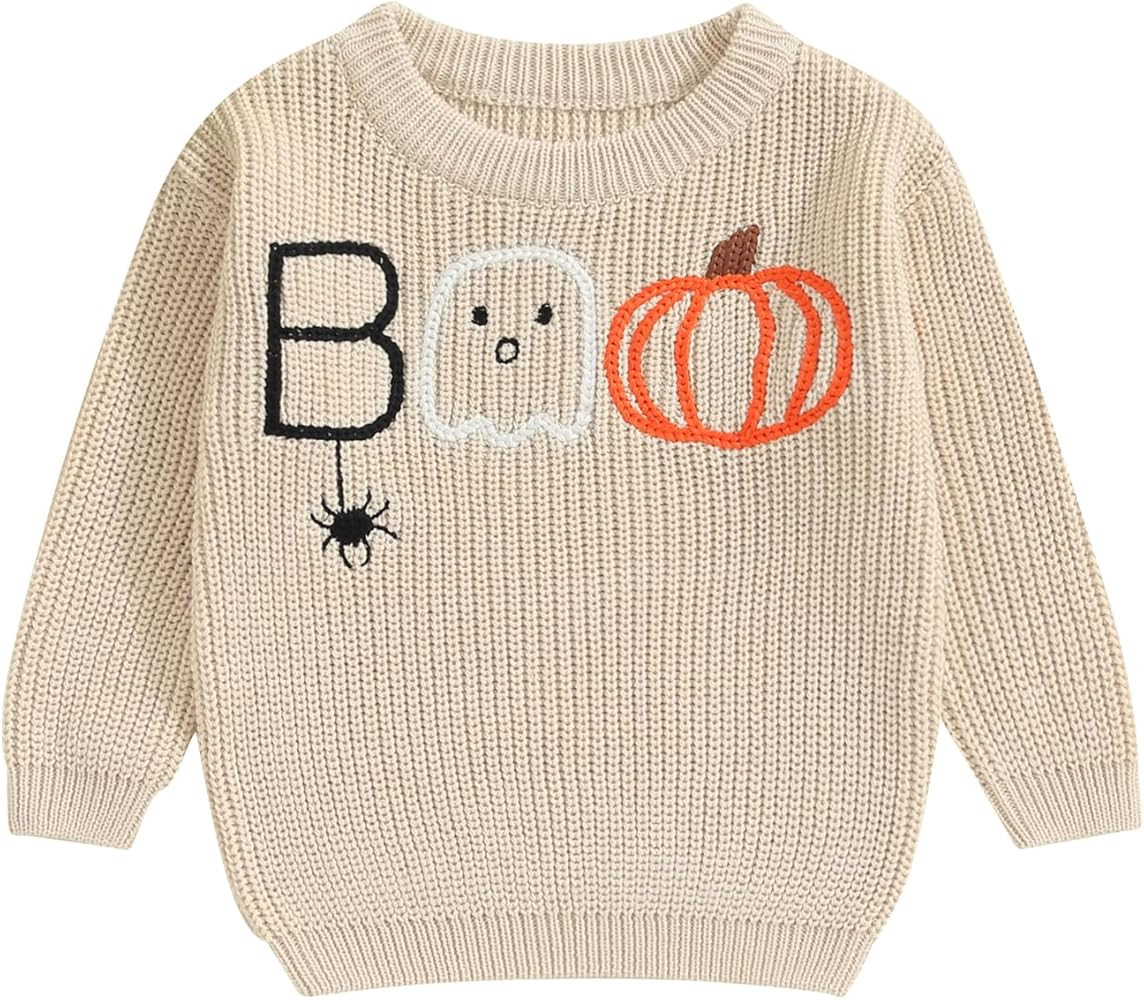 Lesimsam Toddler Baby Boy Girl Halloween Outfit Pumpkin/Ghost Knit Sweater Oversized Crewneck Kni... | Amazon (US)