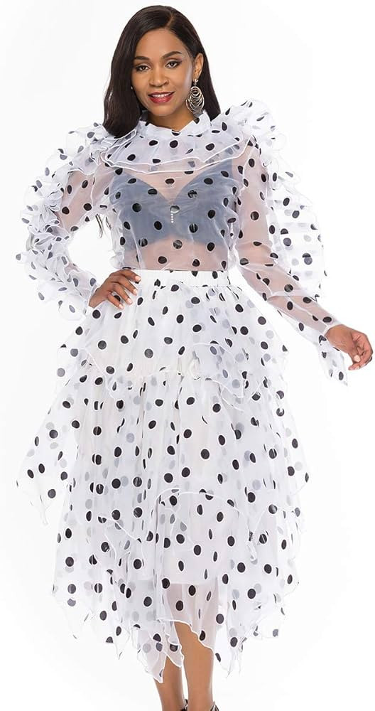 AOMEI Women's Polka Dot 2 Piece Sets Dress Transparent Ruffle Top Blouses Tulle Midi Puffy Skirt | Amazon (US)