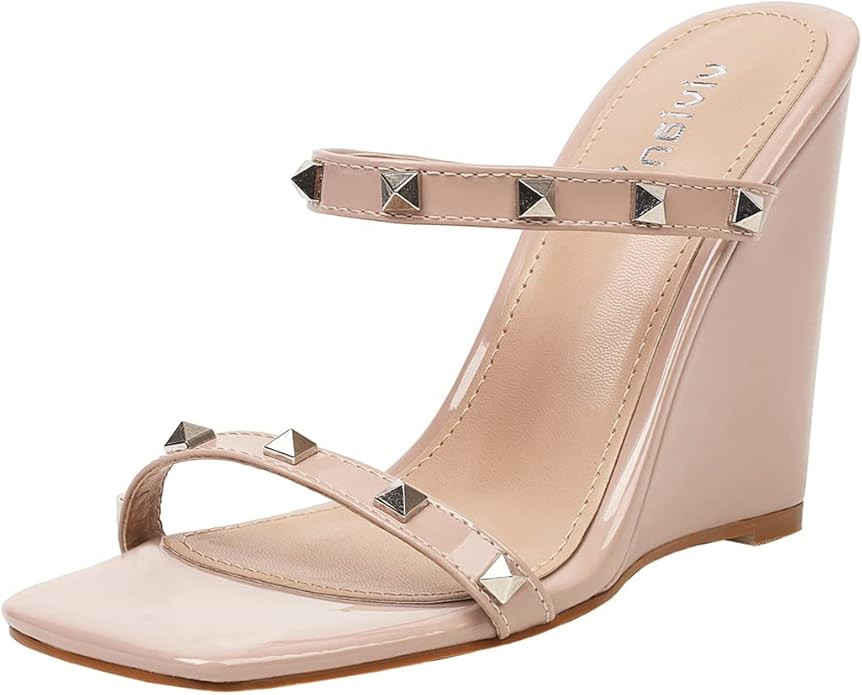 vivianly Womens Wedge Heels Square Open Toe Spikes Double Straps Heeled Sandals Dress Shoes | Amazon (US)