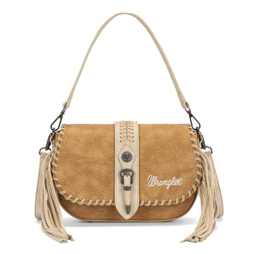 Wrangler Western Shoulder Bag for Women, Flap Crossbody Purse with Whipstitch Detail & Fringe,Vin... | Amazon (US)