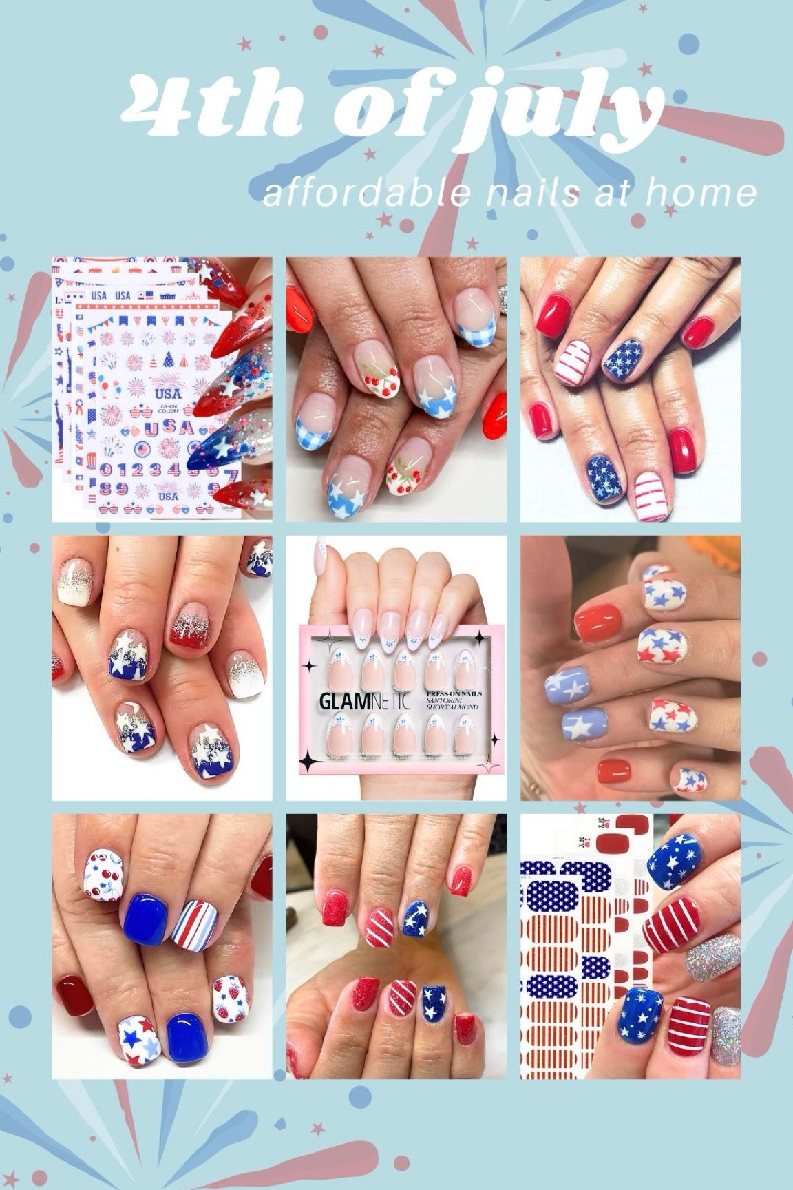 The cutest selection of 4th of July patriotic nails at affordable prices that you can do at home. All ship super fast and will arrive before the holiday! So many options from gel polish, stickers, nail wraps, glitter, to press ons, and acrylic nails. 

#LTKSummerSales #LTKStyleTip #LTKBeauty