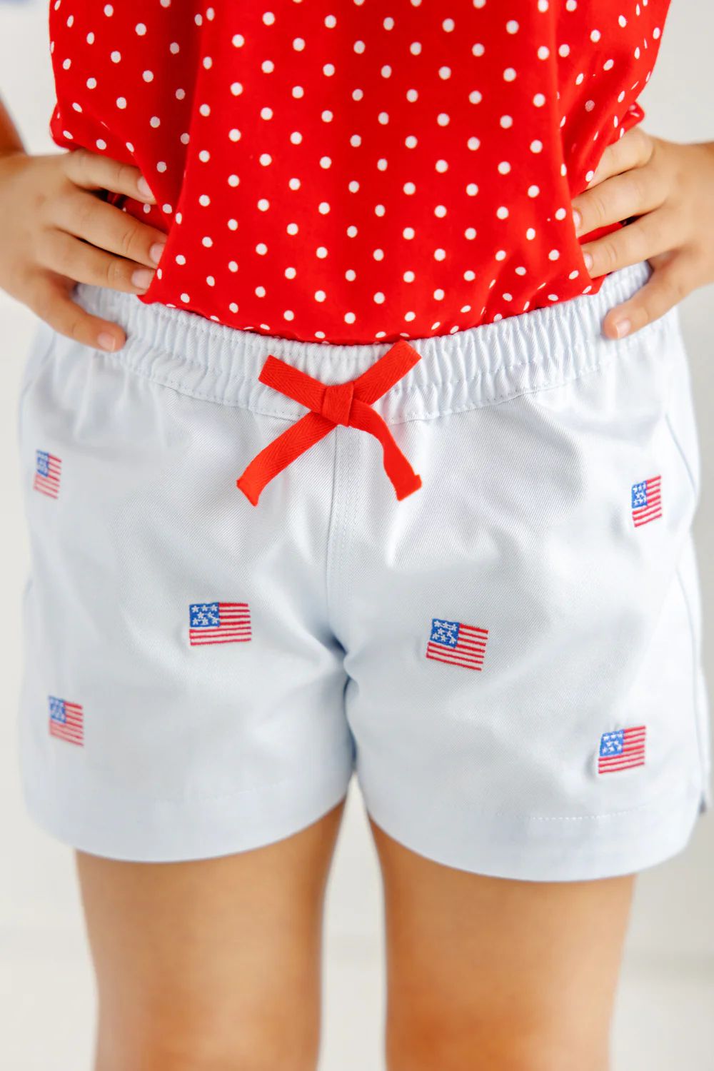 Critter Cheryl Shorts - Buckhead Blue & American Flag Embroidery with Richmond Red Bow | The Beaufort Bonnet Company