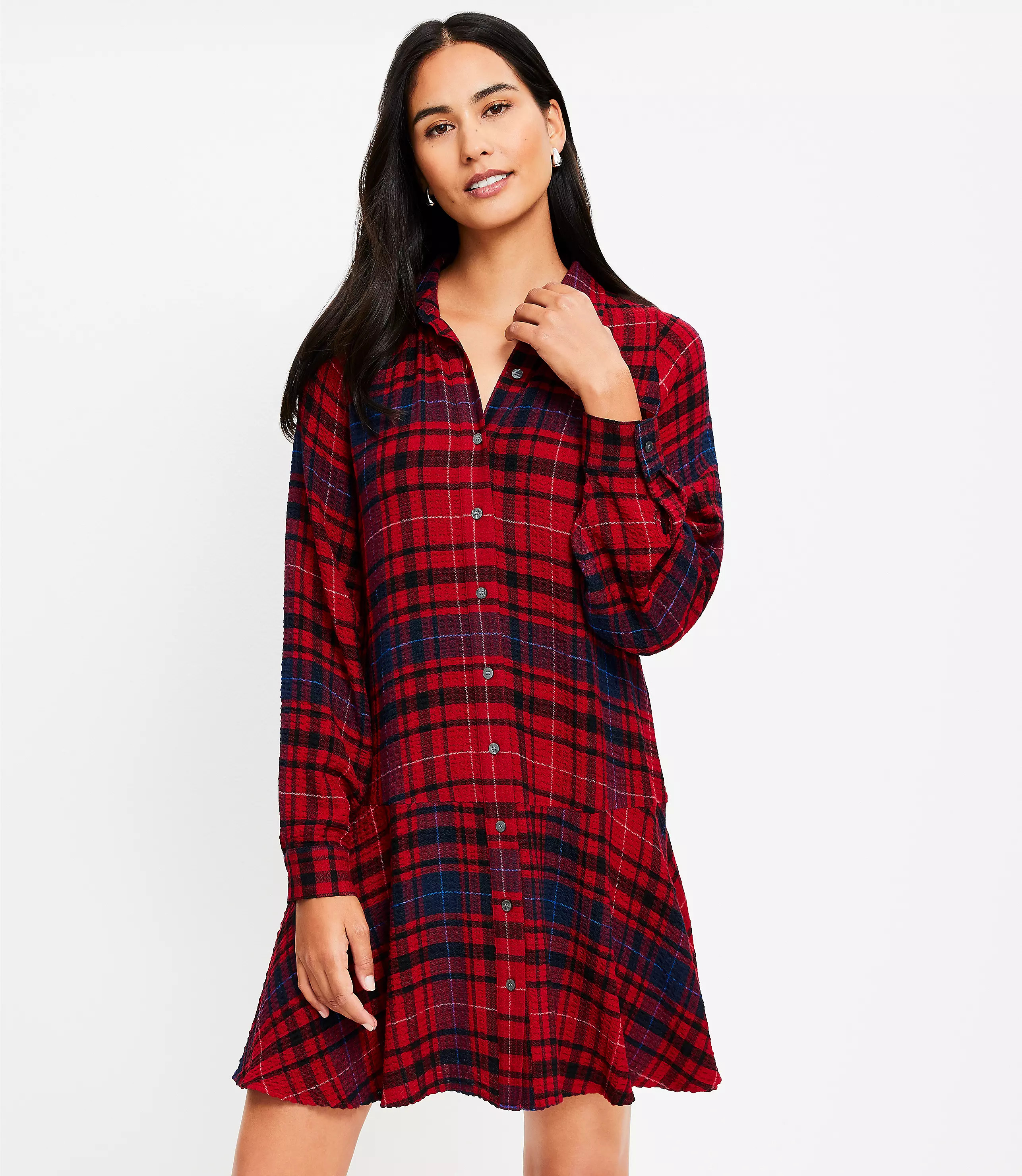 Petite Plaid Flounce Mini Shirtdress | LOFT