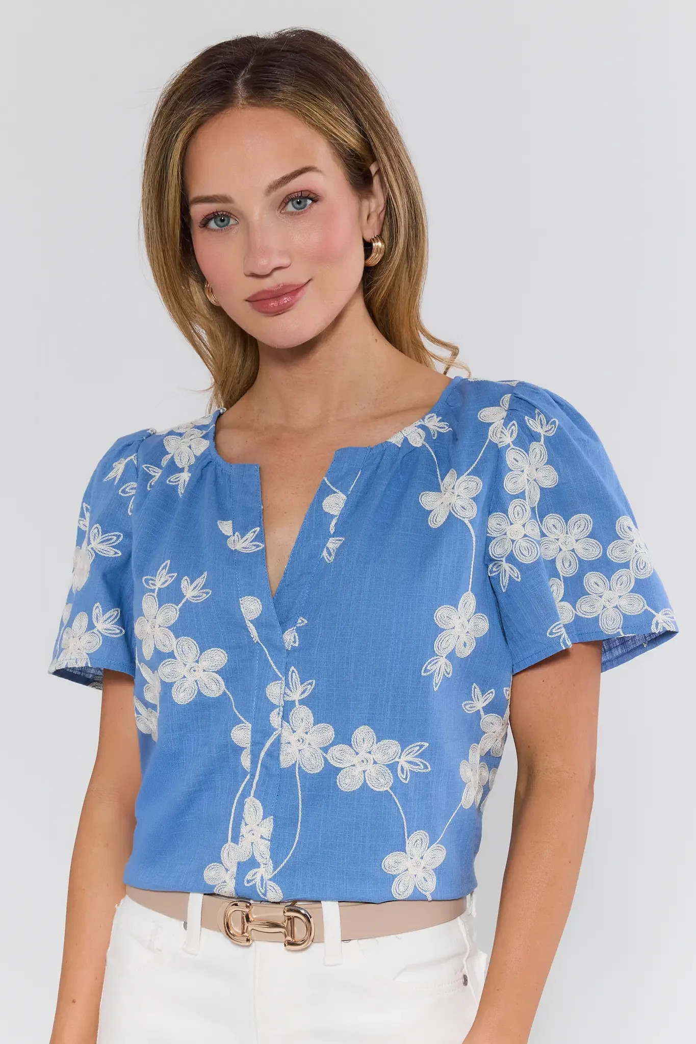 Cindy Blue Embroidered Short Sleeve Top | Avara