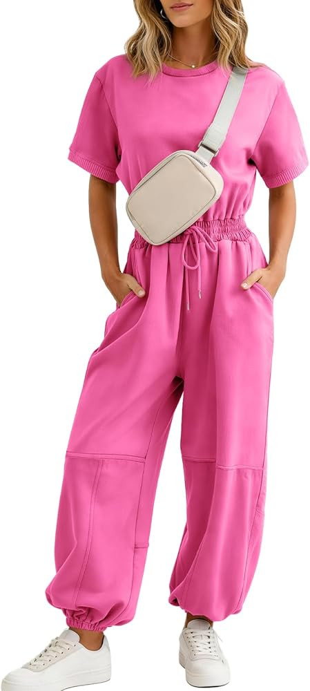 Flygo One Piece Jumpsuits for Women Crewneck Short Sleeve Casual Wide Leg Long Pants Drawstring R... | Amazon (US)