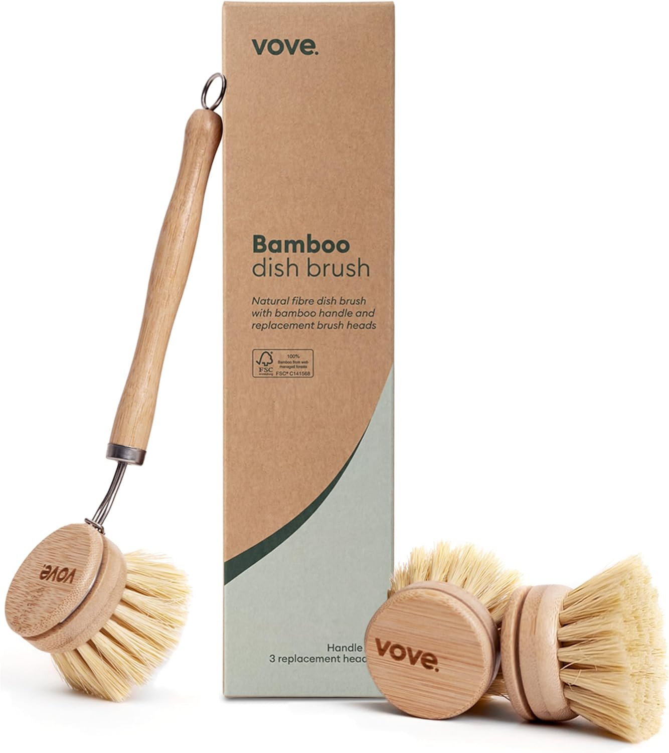Vove | Bamboo Dish Brush | Long Lasting Brush with 3 Replacement Heads | Natural Bristle | Eco-Friendly | Wooden Dish Brush for Washing and Cleaning Pot Pan Dish Bowl | | Amazon (US)