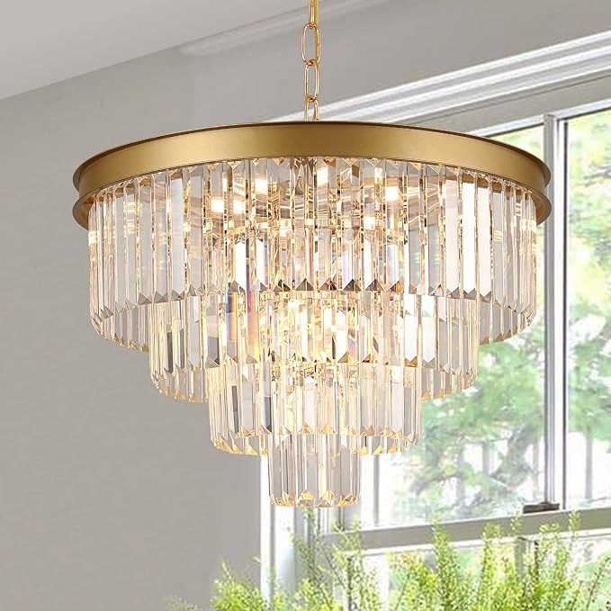 Modern Crystal Chandeliers Gold 24” Round Chandelier for Dining Room 12 Light Ceiling Pendant L... | Amazon (US)