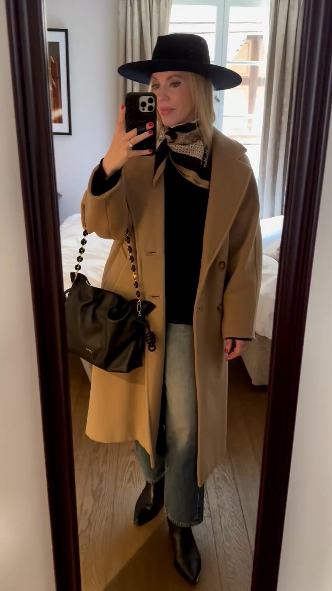 Spring outfit, travel look, silk scarf, camel coat, @Janessa Leone black wool hat, @Zara cropped straight leg jeans, Loewe Flamenco pouch handbag 

#LTKTravel #LTKSeasonal #LTKOver40