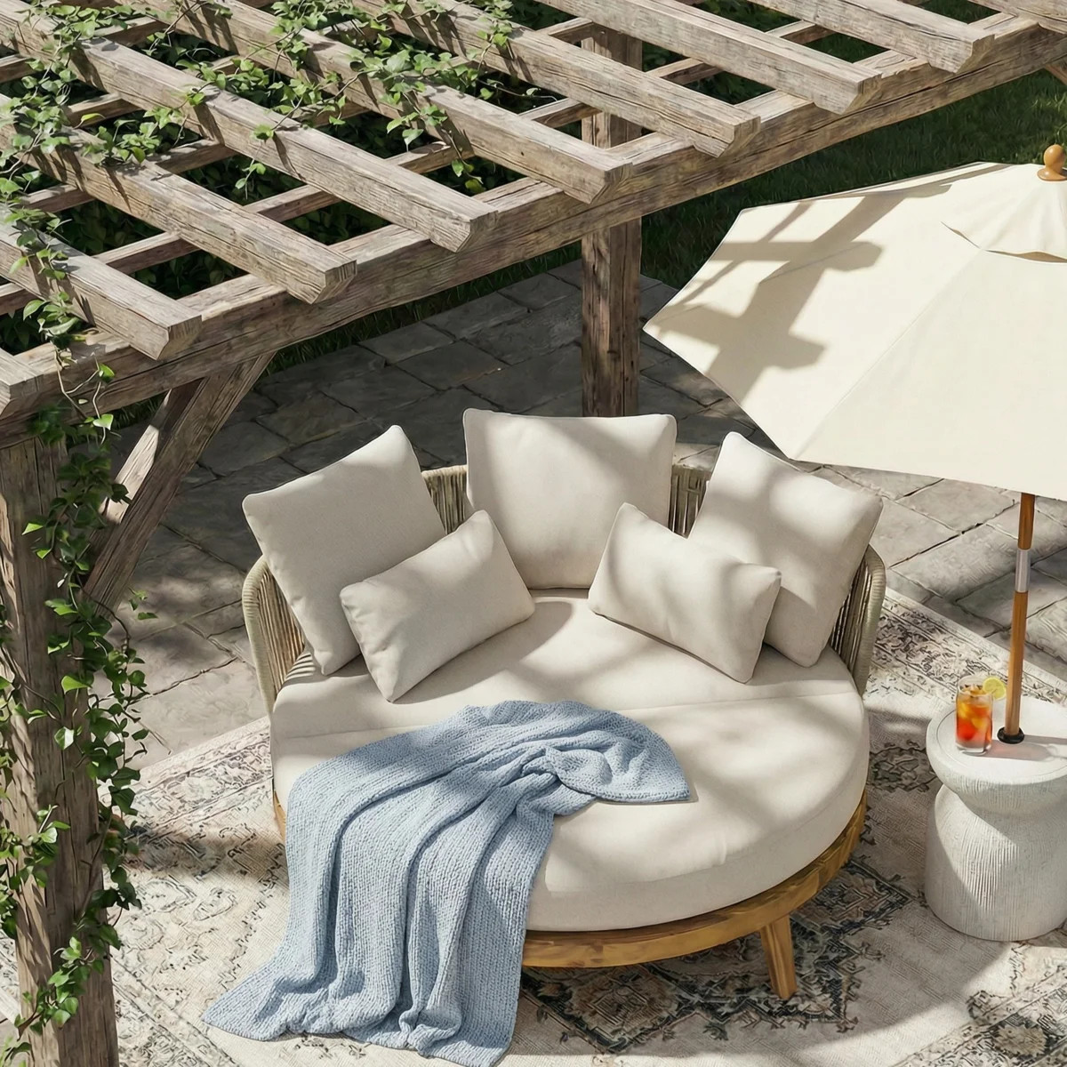 Kailani Modern Coastal Acacia Wood Round Outdoor Daybed with Rope Back and Water-Repellent Cushio... | Wayfair North America