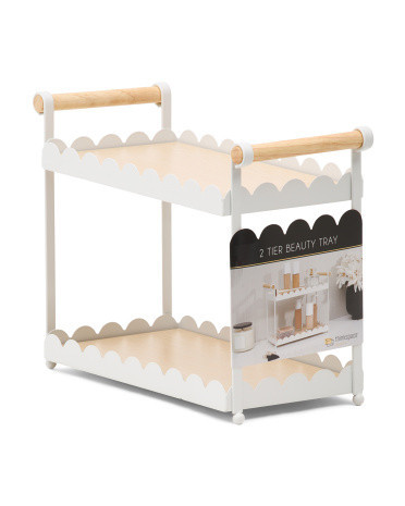 2 Tier Scalloped Edge Metal Tray With White Oak Wood Panels | Marshalls