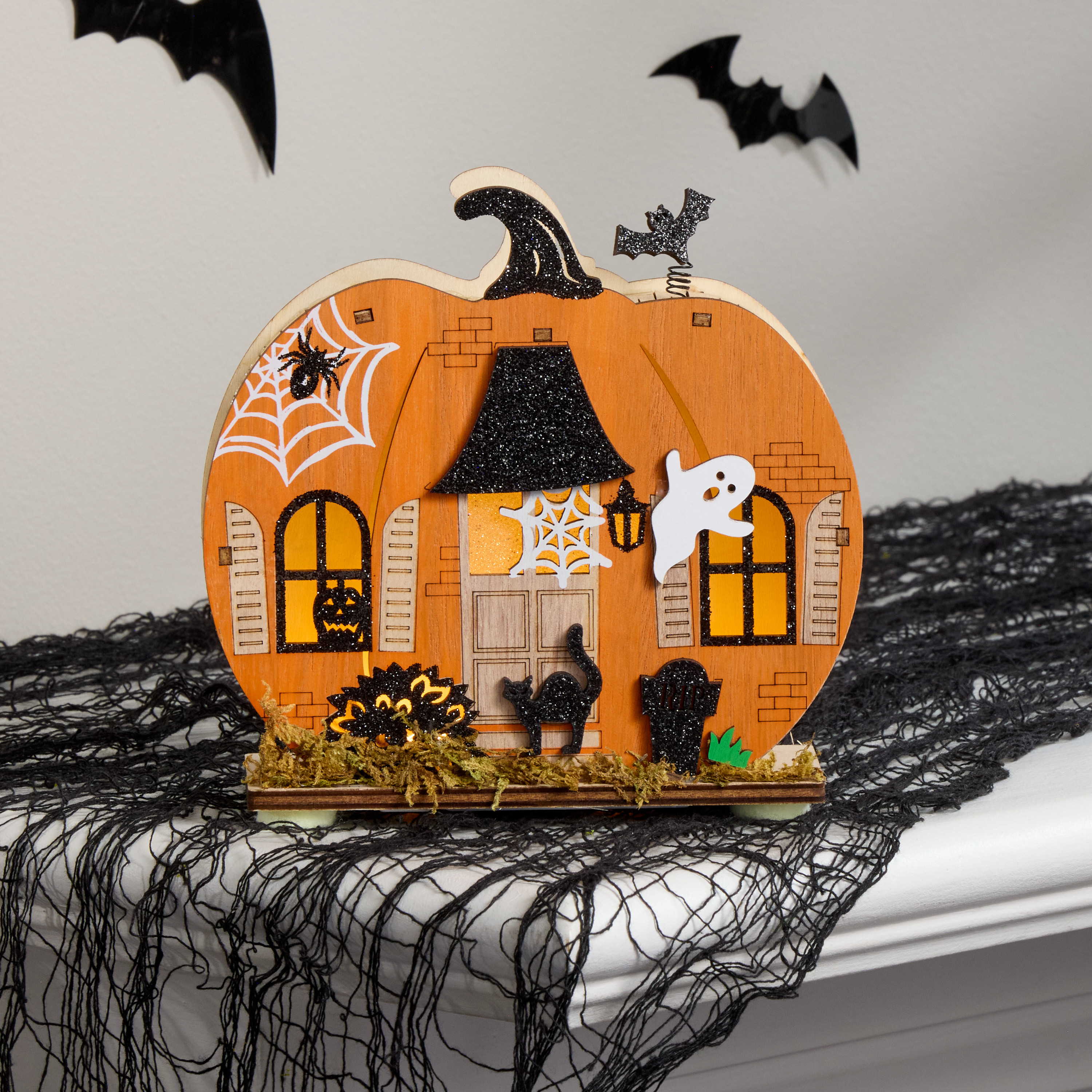 Laser Cut Wood Pumpkin House LED Light Up Decor with Timer | World Market