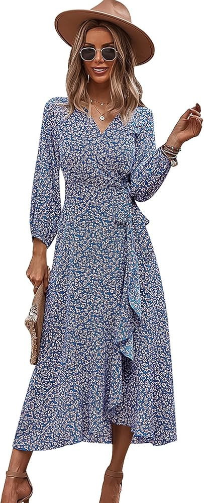 FEOYA Women’s Long Sleeve Print Wrap Dress V-Neck Flowy Boho Midi Dress with Belt | Amazon (CA)