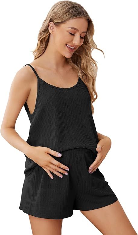 OYOANGLE Women's Maternity Pajama Set Waffle Cami Top and Shorts Set Maternity Loungewear Sets | Amazon (US)