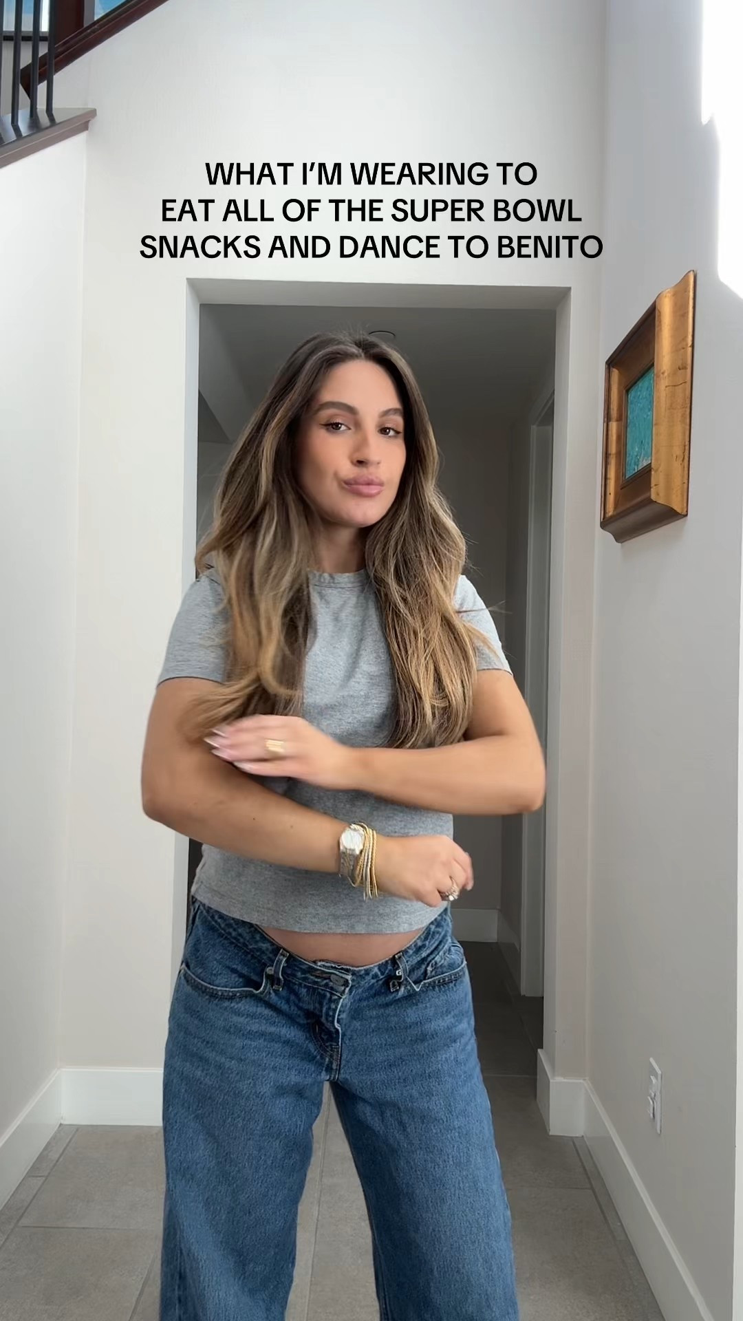 Casual Super Bowl outfit to sit and eat snacks then dance to Bad Bunny. I sized up 3 sizes in the pants to fit while pregnant

#LTKmomlife #LTKBump #LTKootd