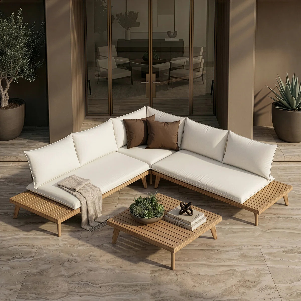 Tavira - Outdoor Off-white Fabric + Eucalyptus Sectional Sofa + Coffee Table Set | Wayfair North America