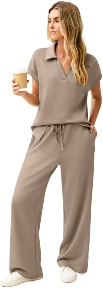 Women's loose V-neck short sleeved top, wide leg pants two-piece set, solid color T-shirt, joggin... | Amazon (US)