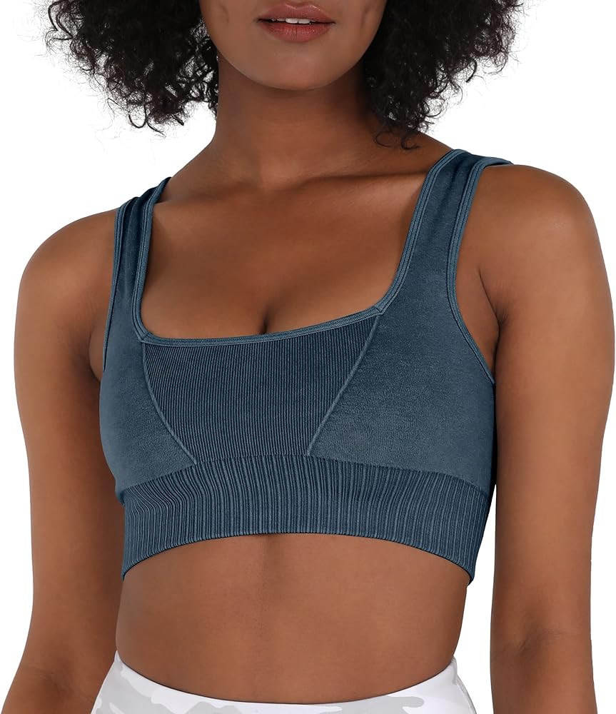 ODODOS Seamless Square Neck Sports Bra for Women Ribbed Crop Tank Casual Low Back Cropped Tops | Amazon (US)
