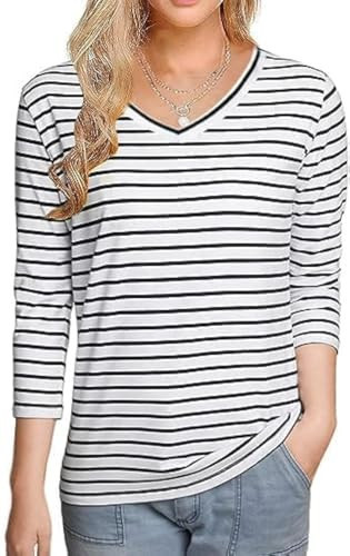 Remidoo Womens Black and White Striped Long Sleeve T Shirts V Neck Tee Top White Small | Amazon (US)