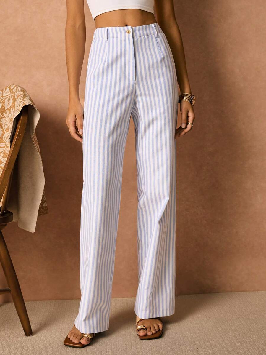 Poéselle Women's Casual High-Waisted H-Line Striped Straight Leg Pants With Front Button,Boho,Bo... | SHEIN
