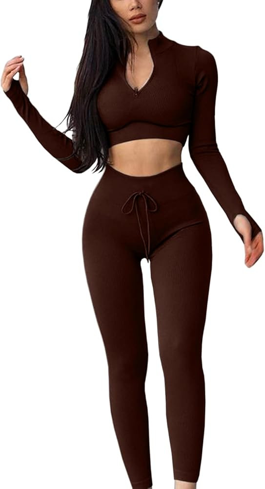 QINSEN Workout Sets for Women 2 Piece Seamless Long Sleeve Crop Tops Ribbed High Waist Leggings | Amazon (US)