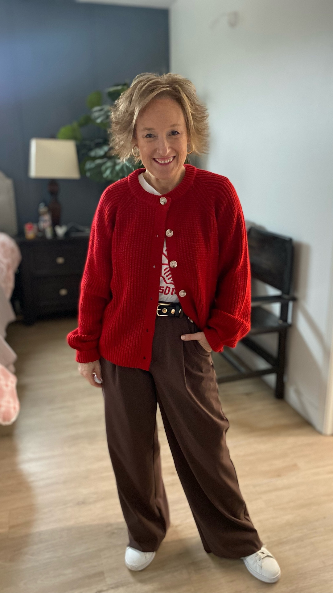 Printed T, stretchy slacks and a fabulous red Cardi for the hoChristmas

#LTKOver40 #LTKHoliday #LTKootd