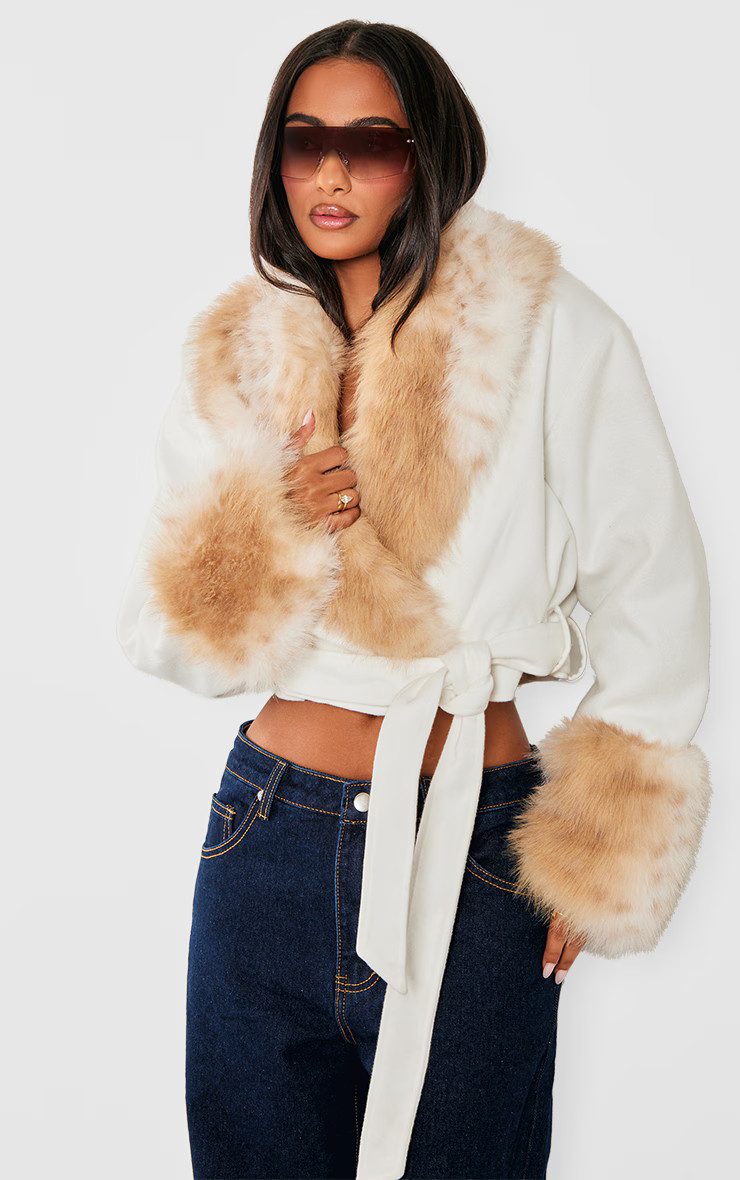 Petite Cream Contrast Faux Fur Trim Cropped Jacket | PrettyLittleThing US