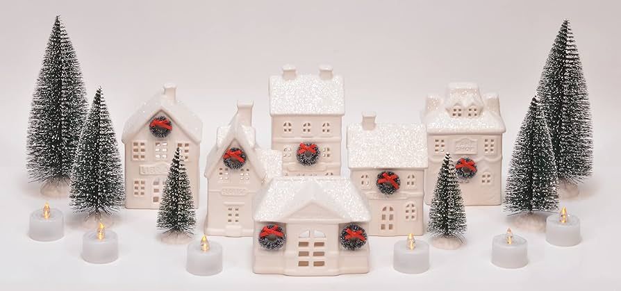 Holiday Wreath Village with Trees, White Unglazed Porcelain LED Christmas Figurines, 18 Piece Set | Amazon (US)
