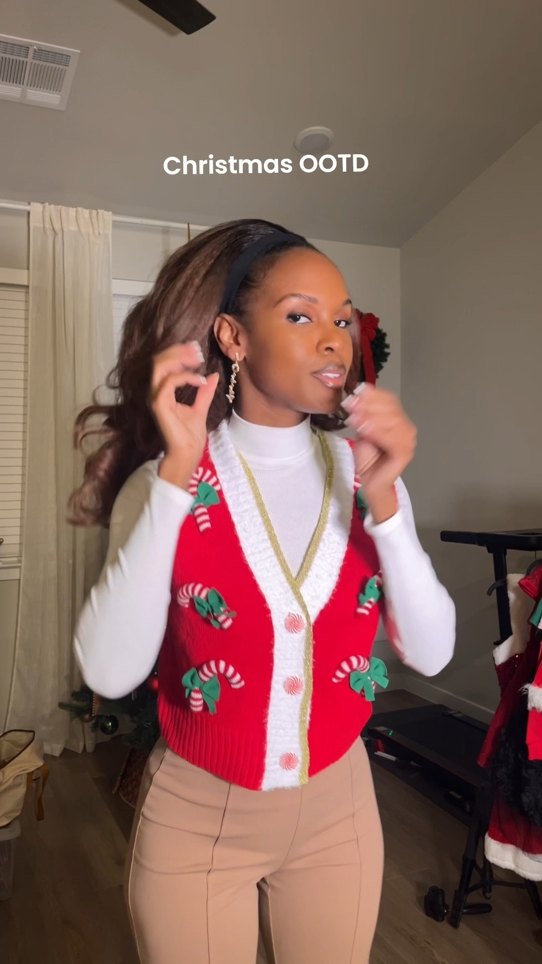 Perfect Christmas OOTD Holiday look for work! Candy cane vest and Jolly earrings are festive and cute! 

#LTKgrwm #LTKTall #LTKHoliday