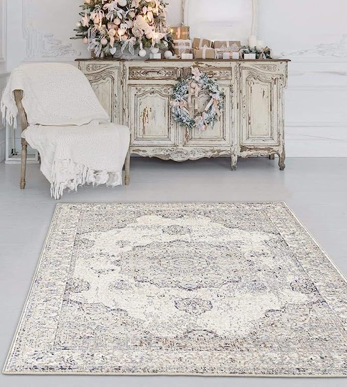 Persian-Rugs 4678 Distressed Ivory 5 x 7 Area Rug Carpet Large New | Amazon (US)