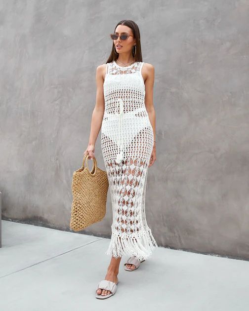 Birdie Knit Crochet Fringe Cover Up Maxi Dress - Cream | VICI Collection