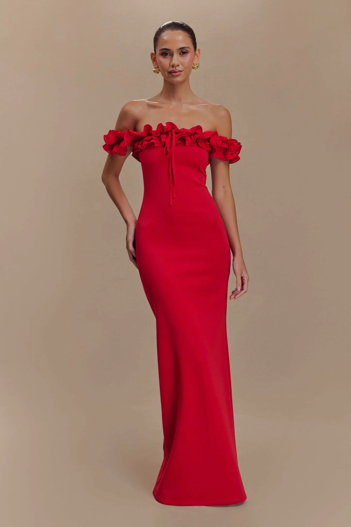 Nova Ruffle Off Shoulder Maxi Dress - Ruby | MESHKI US