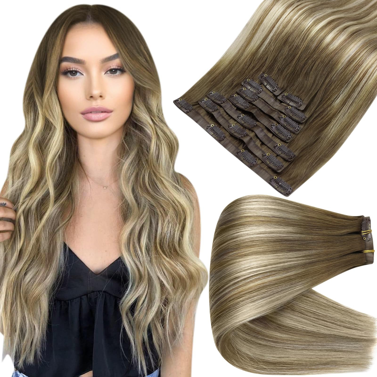 Full Shine Clip in Hair Extensions Human Hair 22 Inch Light Brown Fading to Brown Highlight Blond... | Amazon (US)