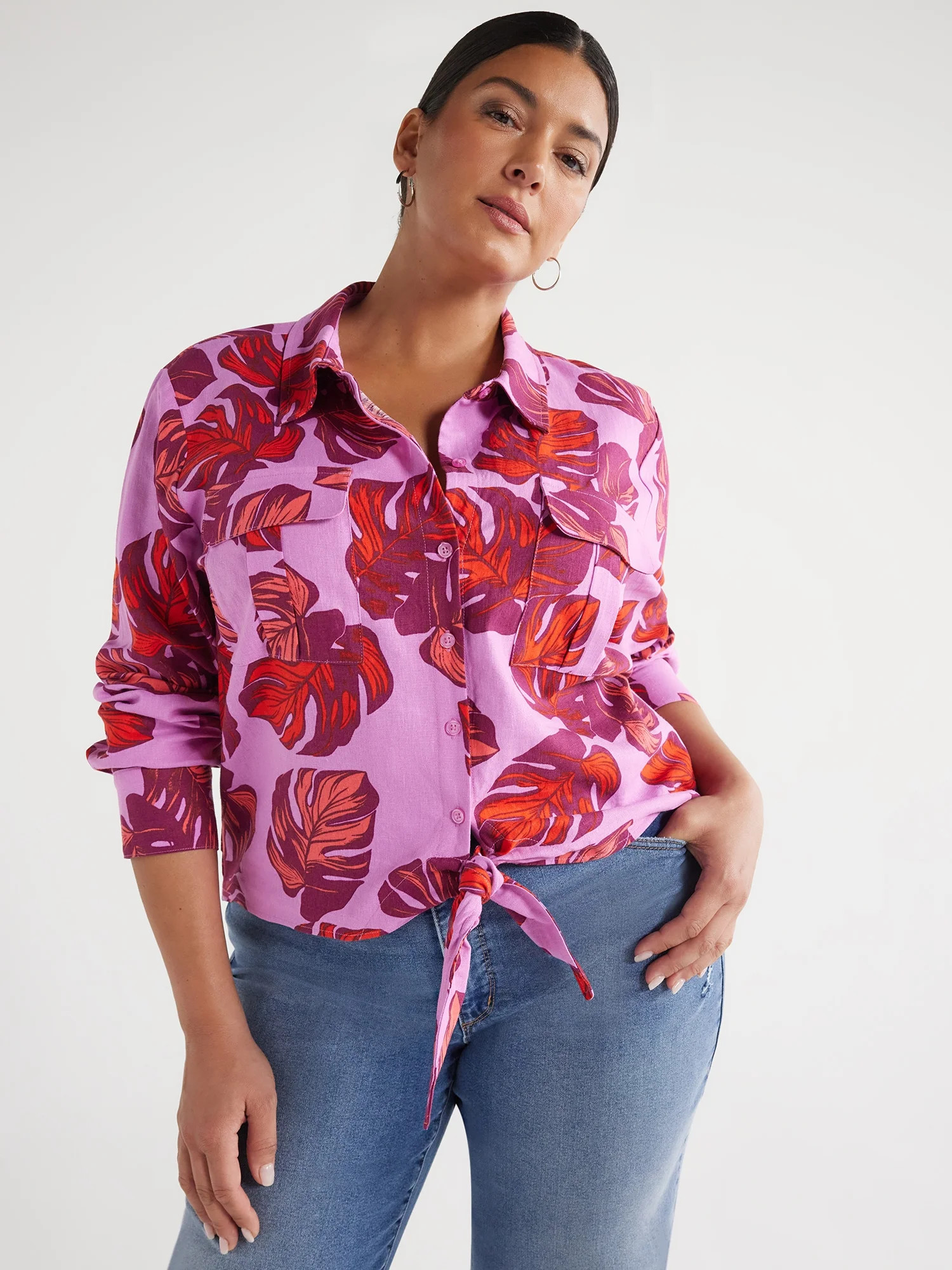 Sofia Jeans Women's and Women's Plus Linen Blend Tie Front Top with Cargo Pockets, Sizes XS-5X | Walmart (US)