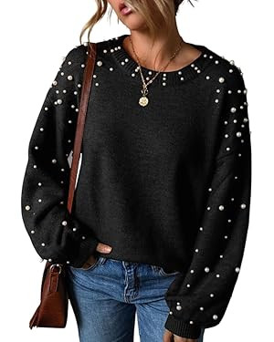 Pearl Sweater for Women Lantern Sleeve Drop Shoulder Crewneck Sweatshirt Knit Chunky Pullover Swe... | Amazon (US)