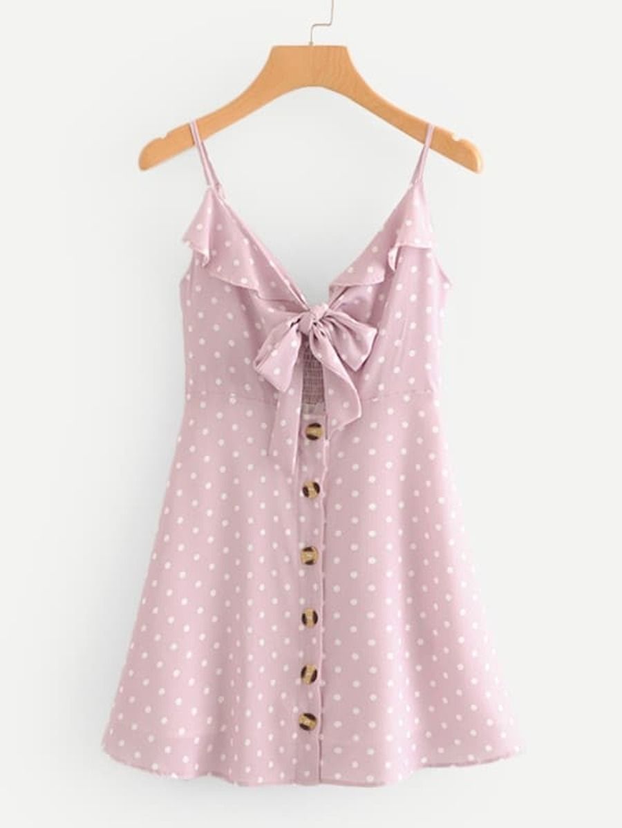 Button Through Knot Polka Dot Cami Dress | SHEIN