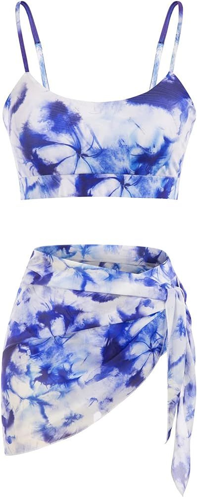 Kate Kasin Women Tie Dye Bikini Set Scoop Neck 3 Piece Swimsuits with Short Sarong | Amazon (US)