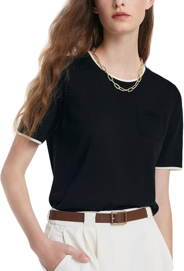 100% Pure Wool Women Summer Tops Trendy Crew Neck Short Sleeve Front Pocket Loose Fit Knit Pullov... | Amazon (US)