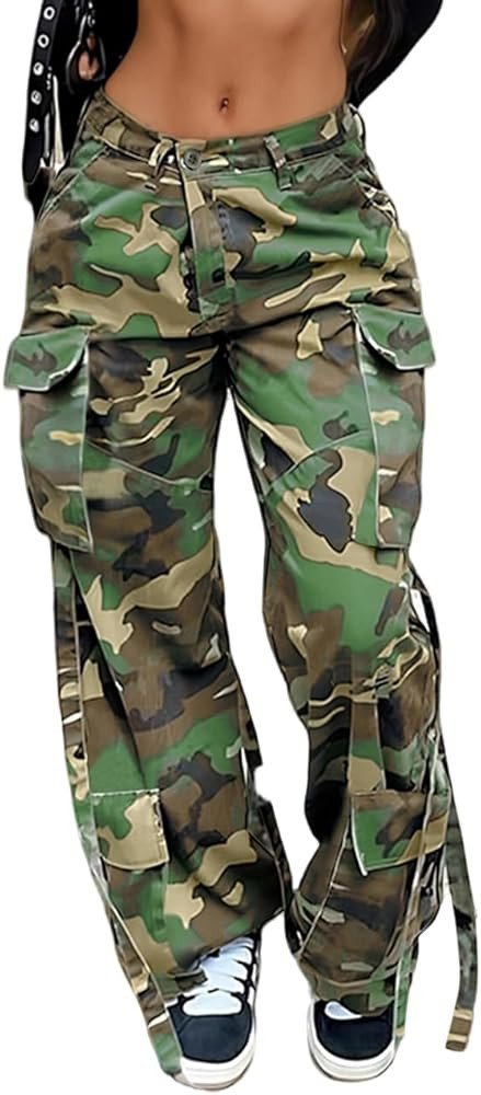 LKOUS Women\u2019s Cargo Baggy Straight Jeans Streetwear Y2K High Waist Wide Leg Denim Pants with... | Amazon (US)