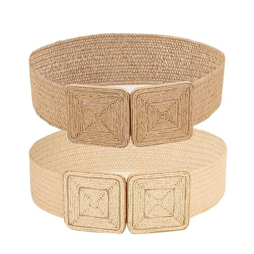LAND BABEE Raffia Belt Stretchy Belt for Women, Symmetrical Buckle Straw Wide Woven Belt for Dress, Summer Elastic Waistband (Khaki+Beige, Suit Waistline 29" - 33") | Amazon (US)