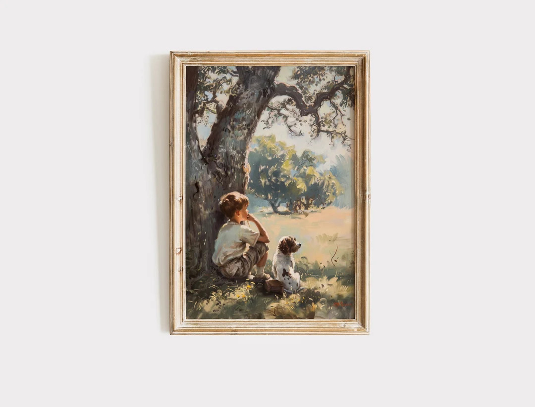 Vintage Boys Room Art, Boy and Dog Under a Tree Painting Download, Nature Printable Wall Artful D... | Etsy (US)