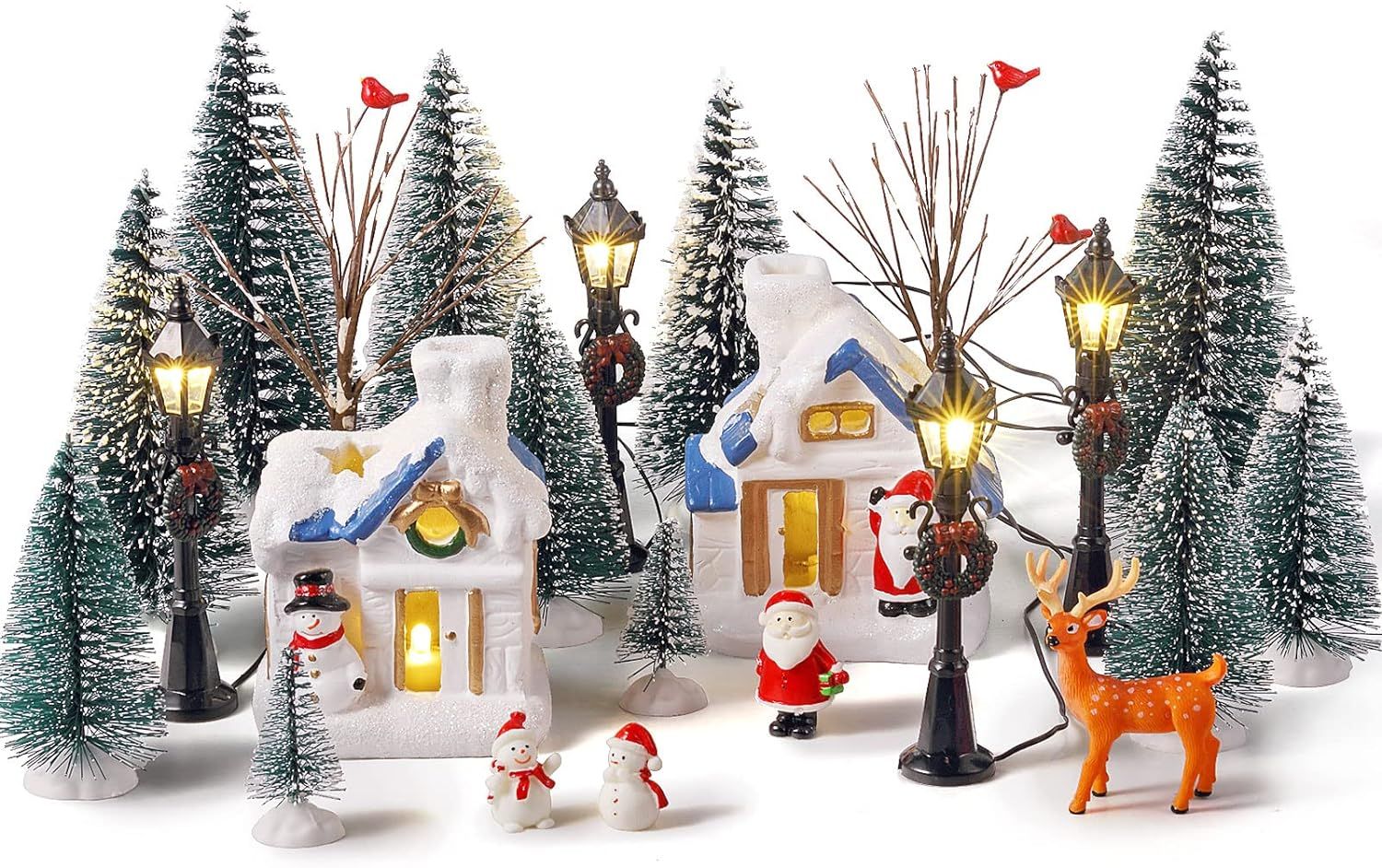 34 Pieces Christmas Village Houses Set, Mini Christmas Trees Christmas Accessories Set Mini Bare ... | Amazon (US)