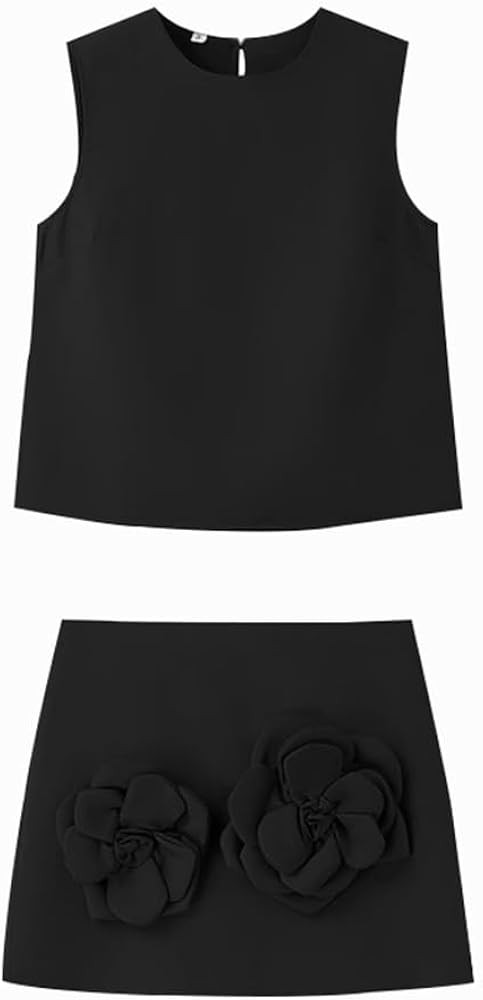 THLAI Summer Women 2 Piece Skirt Sets Sleeveless Crop Tank Top and Mini Skirt Matching with 3D Fl... | Amazon (US)