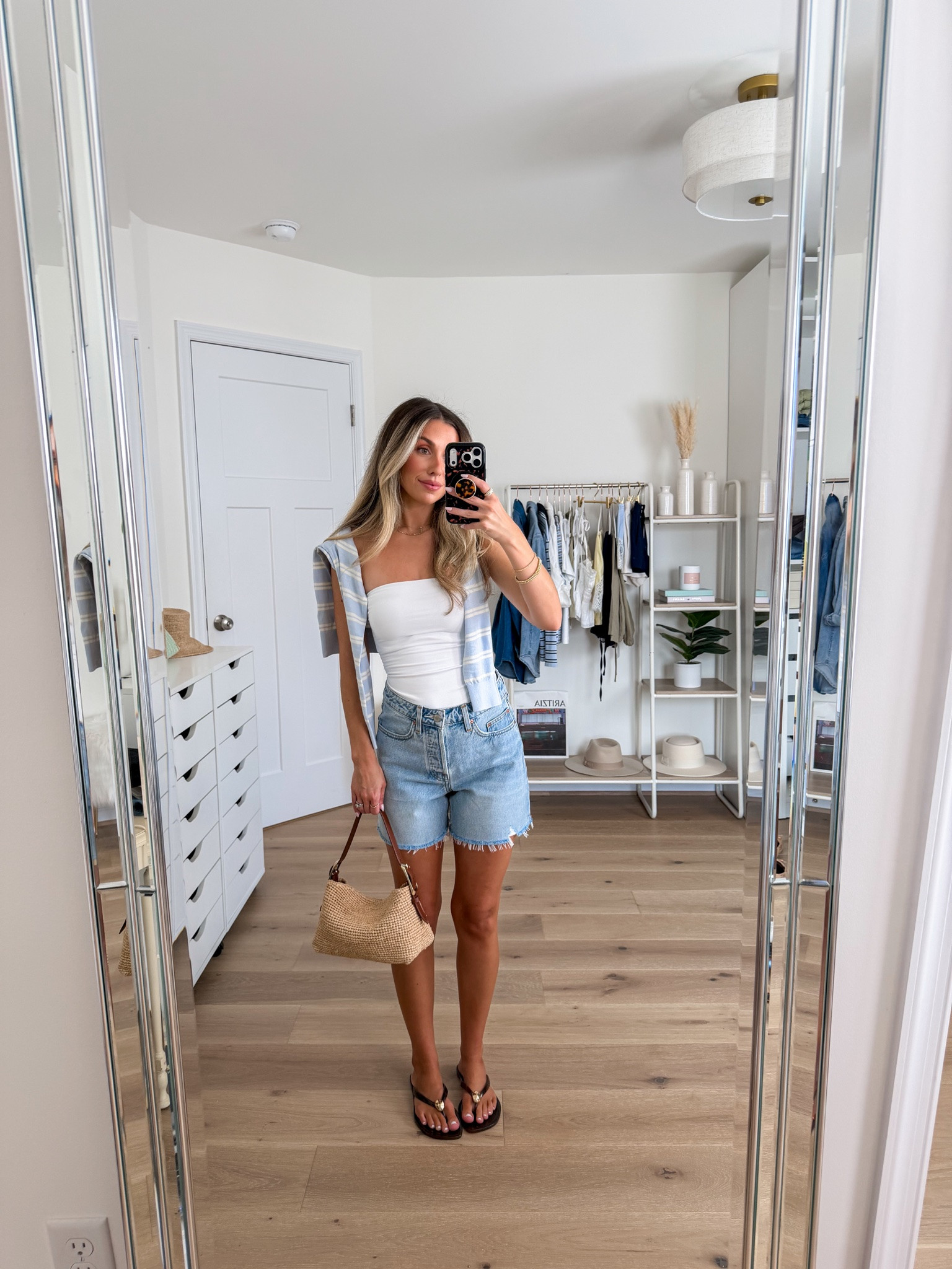 Casual Aritzia summer outfit 
+ contour tube top: xs
+ striped cardigan: xs
+ denim forum ex boyfriend shorts: 24 — true to size! 

Petite style
Petite outfit 
Denim shorts 
Mom style
Mom outfit 
What to wear 
Aritzia style

#LTKootd #LTKPetite #LTKSeasonal