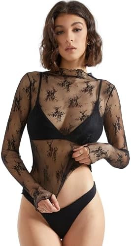 SUUKSESS Women Sexy Mesh Sheer Long Sleeve Tops Mock Neck Going Out Lace Shirts | Amazon (US)
