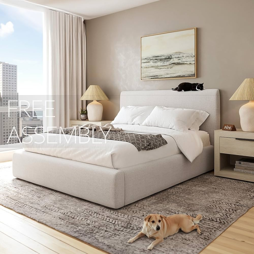 Queen Size Cream Bed Frame with 48'' Tall Upholstered Headboard, Quink Heavy Duty Platform in Sof... | Amazon (US)