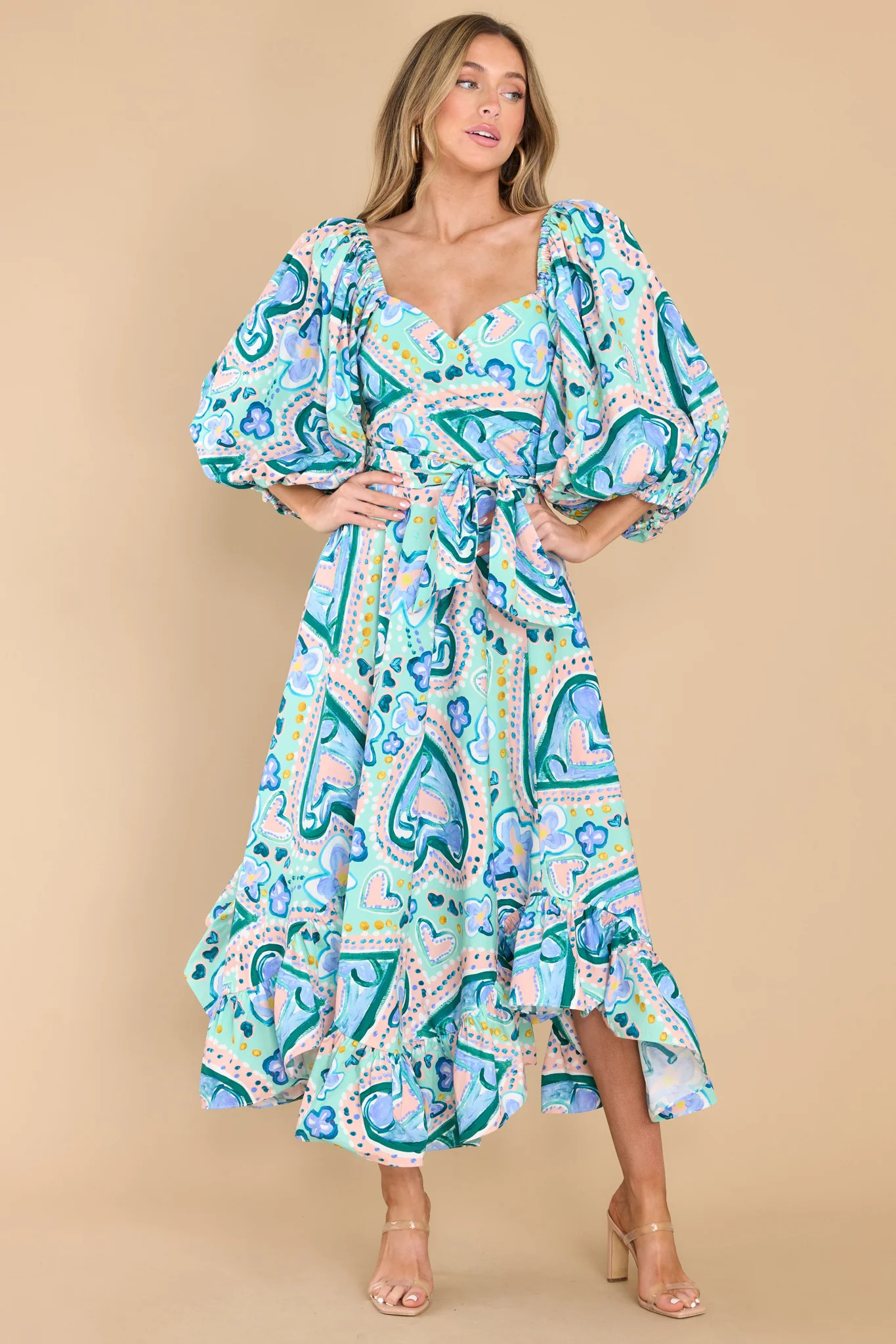 Lisa Paisley Hearts Mint Midi Dress | Red Dress 