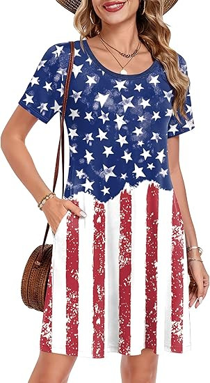 Amazon.com: Womens July 4th American Flag Patriotic Red White and Blue Short Sleeve Memorial Mini... | Amazon (US)